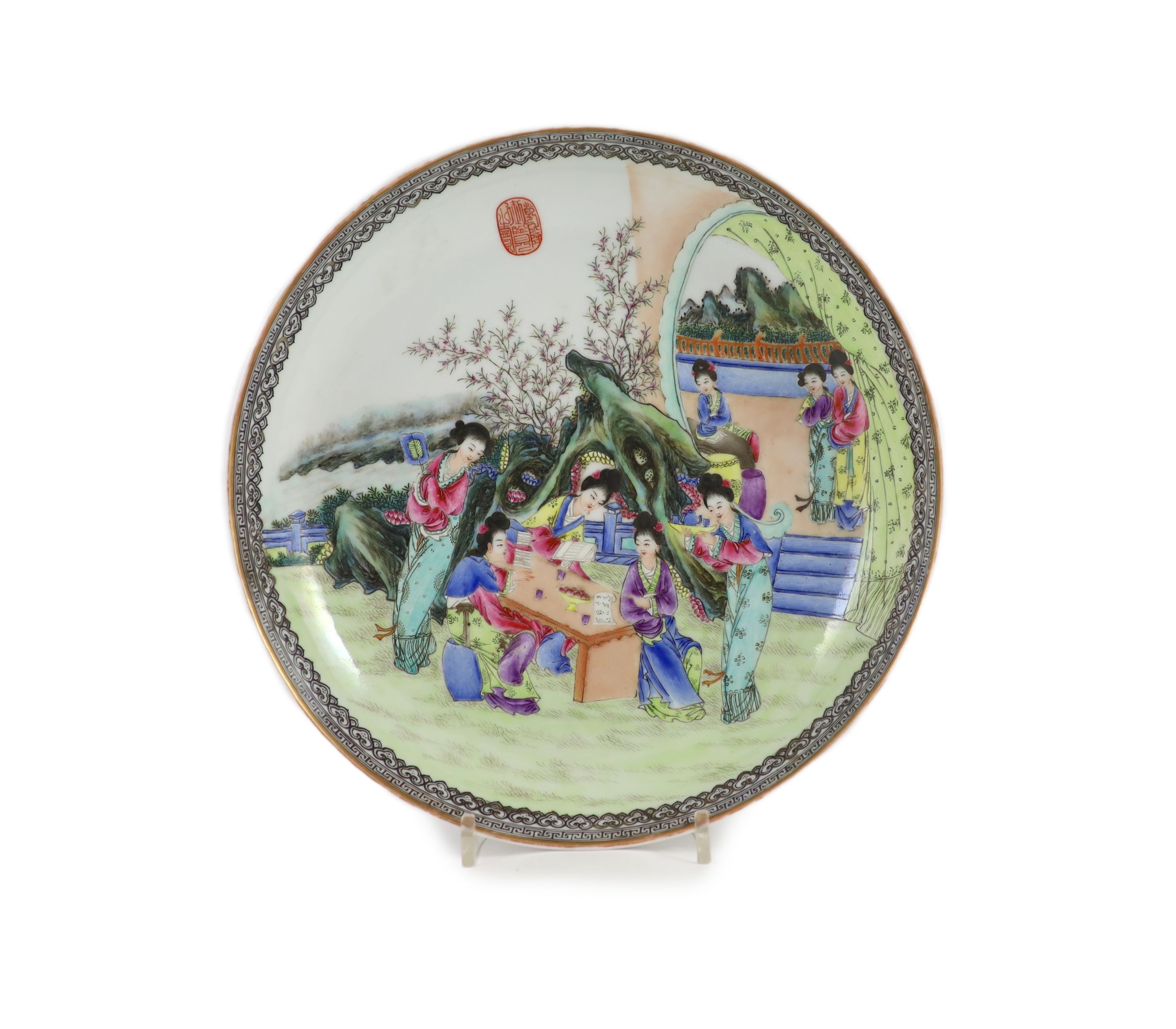 A Chinese famille rose ‘ladies’ dish, Qianlong mark but Republic period 27.5cm diameter